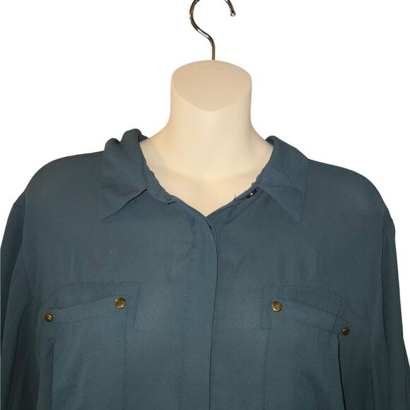 Lane Bryant Womens Size 18/20 Blouse Sheer Teal Flowy Roll Tab Popover Career - Picture 3 of 10